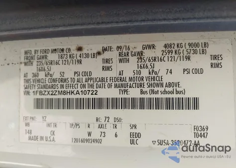 2017 Ford Transit-350 Xlt z USA, uszkodzony, nr VIN 1FBZX2ZM8HKA10722